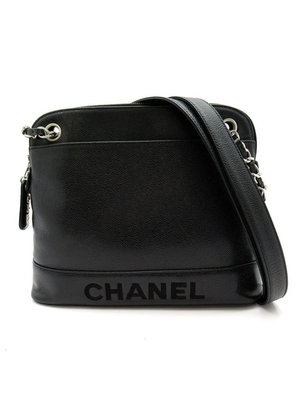 Chanel Logo Chain Shoulder Bag Caviar Leather Black